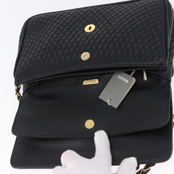 BALLY Chain Shoulder Bag Leather Black Gold Auth kk707A