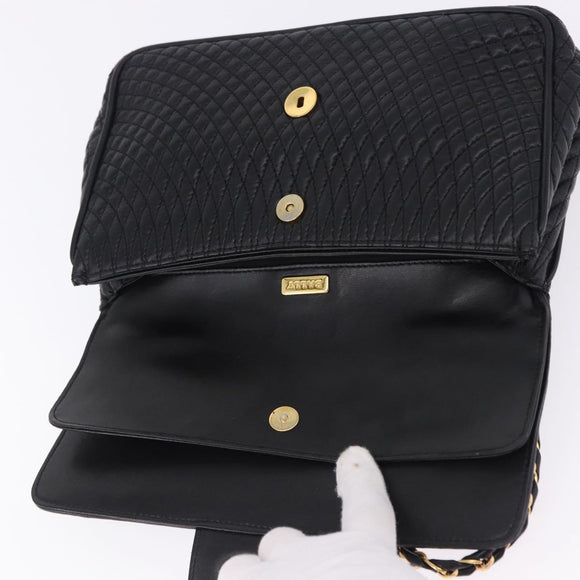 BALLY Chain Shoulder Bag Leather Black Gold Auth kk709A