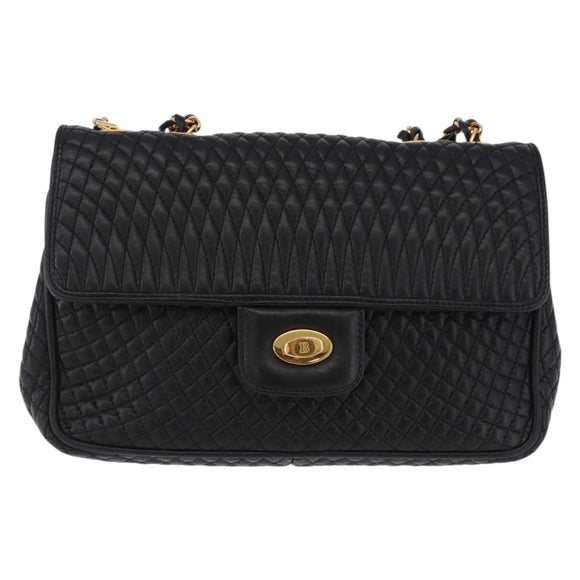 BALLY Chain Shoulder Bag Leather Black Gold Auth kk709A