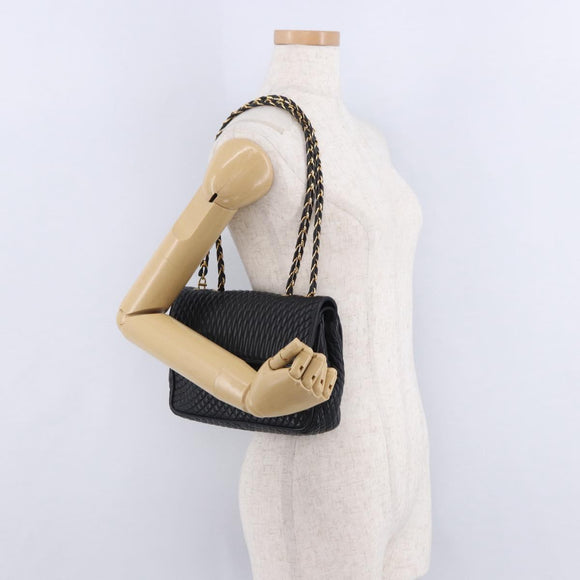 BALLY Chain Shoulder Bag Leather Black Gold Auth kk709A
