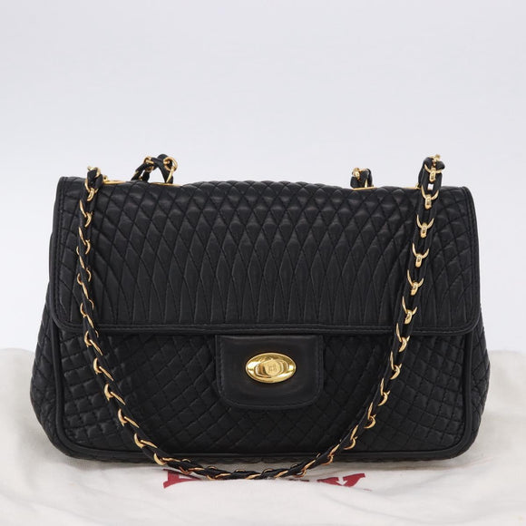 BALLY Chain Shoulder Bag Leather Black Gold Auth kk709A