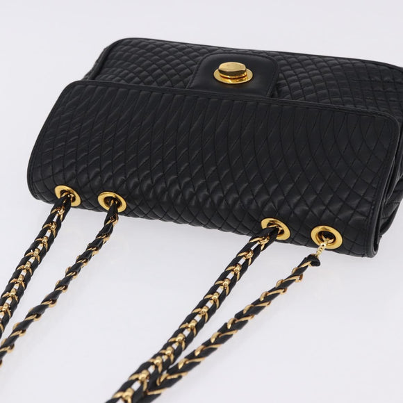BALLY Chain Shoulder Bag Leather Black Gold Auth kk709A