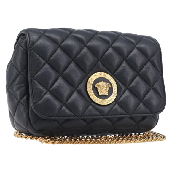 VERSACE Chain Shoulder Bag Leather Black Gold Auth kk734V