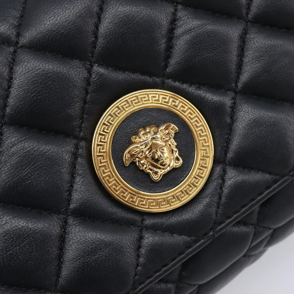 VERSACE Chain Shoulder Bag Leather Black Gold Auth kk734V