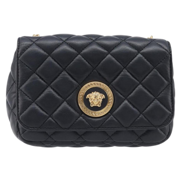 VERSACE Chain Shoulder Bag Leather Black Gold Auth kk734V