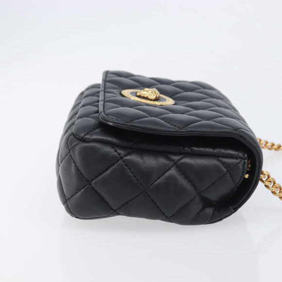 VERSACE Chain Shoulder Bag Leather Black Gold Auth kk734V