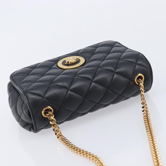 VERSACE Chain Shoulder Bag Leather Black Gold Auth kk734V