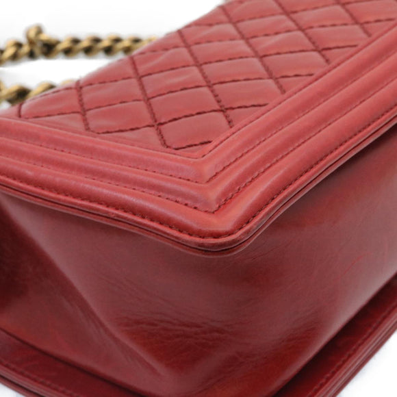 CHANEL Boy Chanel Matelasse Chain Flap Shoulder Bag Leather Red CC Auth knn010