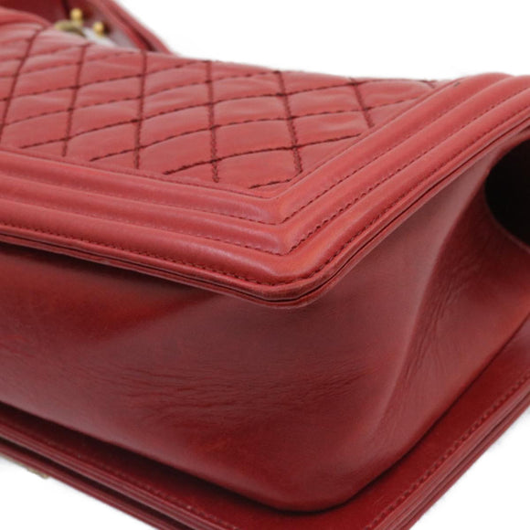 CHANEL Boy Chanel Matelasse Chain Flap Shoulder Bag Leather Red CC Auth knn010