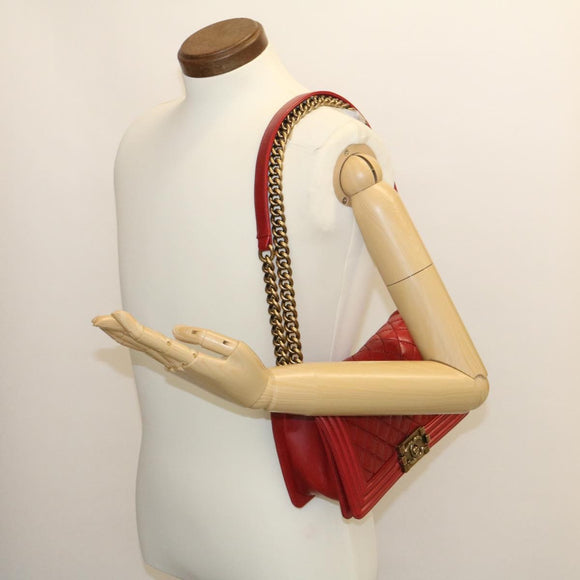 CHANEL Boy Chanel Matelasse Chain Flap Shoulder Bag Leather Red CC Auth knn010