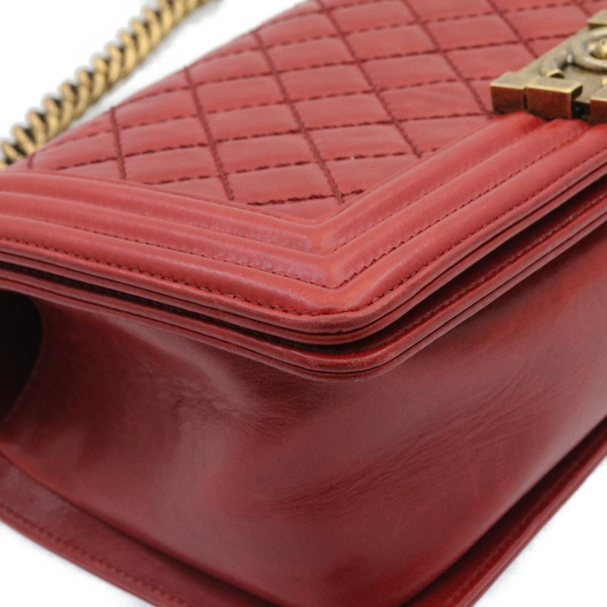 CHANEL Boy Chanel Matelasse Chain Flap Shoulder Bag Leather Red CC Auth knn010
