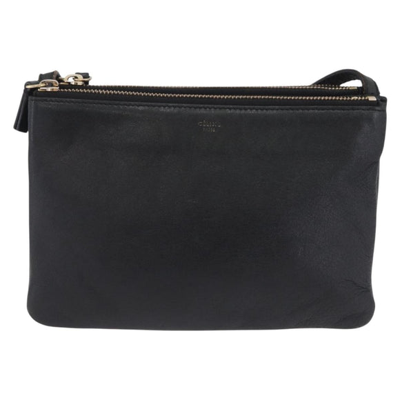 CELINE Trio Shoulder Bag Leather Black Gold Tone Auth LN008