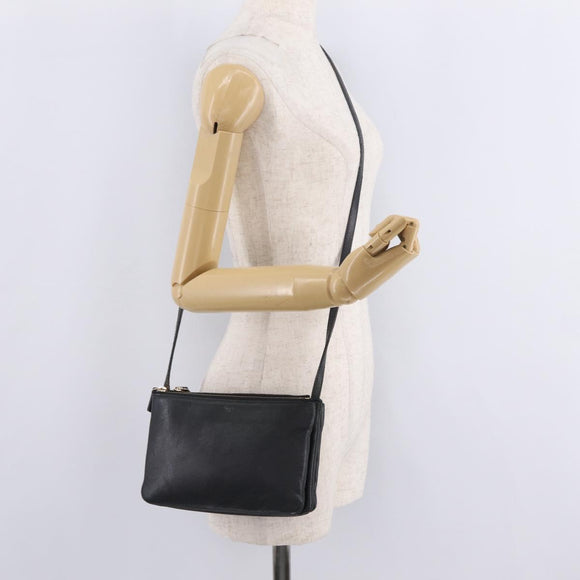 CELINE Trio Shoulder Bag Leather Black Gold Tone Auth LN008
