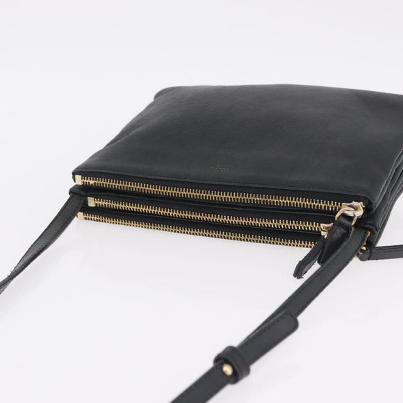 CELINE Trio Shoulder Bag Leather Black Gold Tone Auth LN008