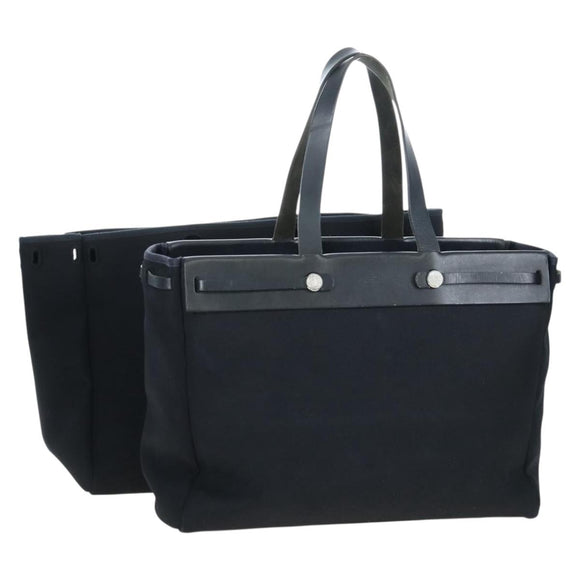 HERMES Herbag Cabas Hand Bag Canvas Black Silver Auth LN016V