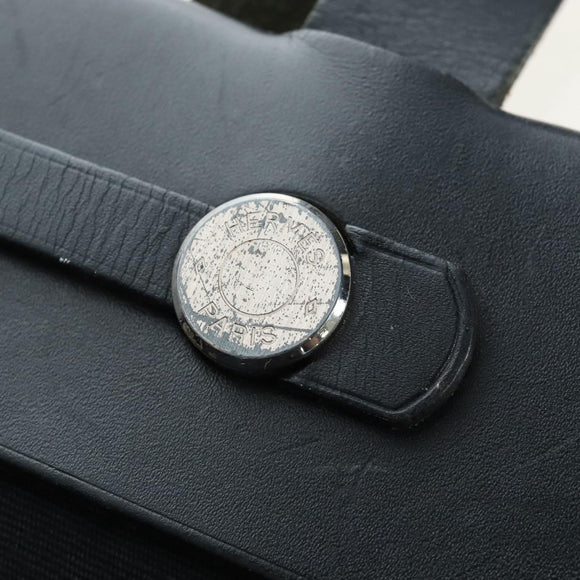 HERMES Herbag Cabas Hand Bag Canvas Black Silver Auth LN016V
