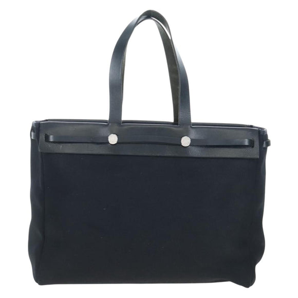 HERMES Herbag Cabas Hand Bag Canvas Black Silver Auth LN016V