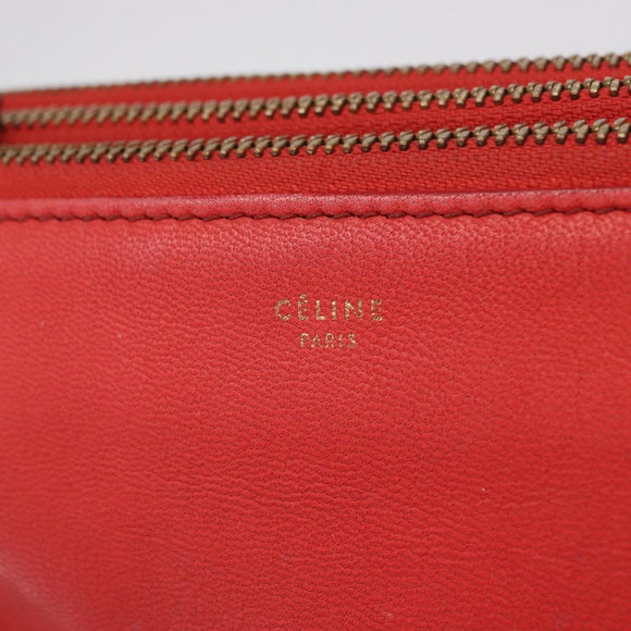 CELINE Trio Shoulder Bag Leather Red Gold Tone Auth LN027