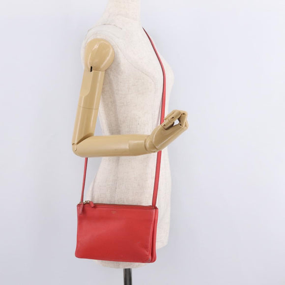 CELINE Trio Shoulder Bag Leather Red Gold Tone Auth LN027