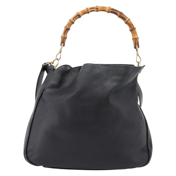 GUCCI Bamboo Shoulder Bag Leather 2way Black Gold Tone 001 1577 Auth LN029