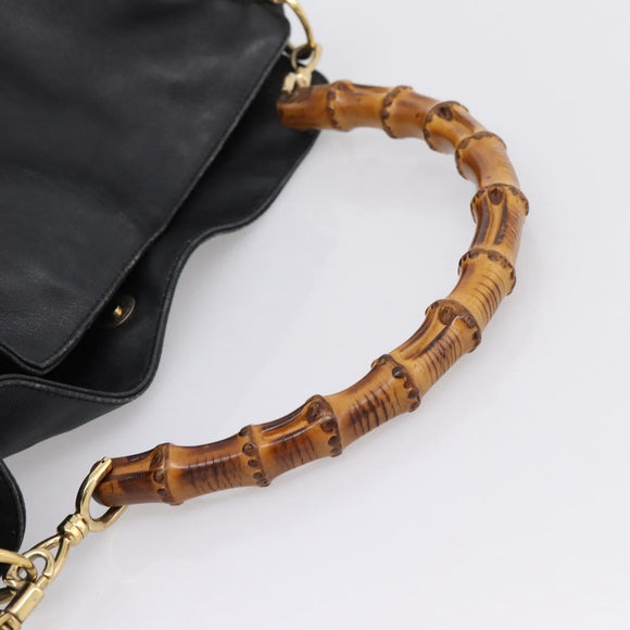 GUCCI Bamboo Shoulder Bag Leather 2way Black Gold Tone 001 1577 Auth LN029