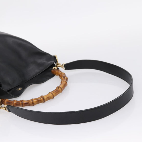 GUCCI Bamboo Shoulder Bag Leather 2way Black Gold Tone 001 1577 Auth LN029