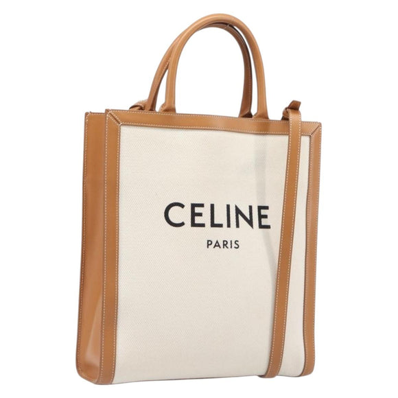 CELINE Vertical Cabas Small Hand Bag Canvas 2way Ivory Gold Tone Auth LN035V