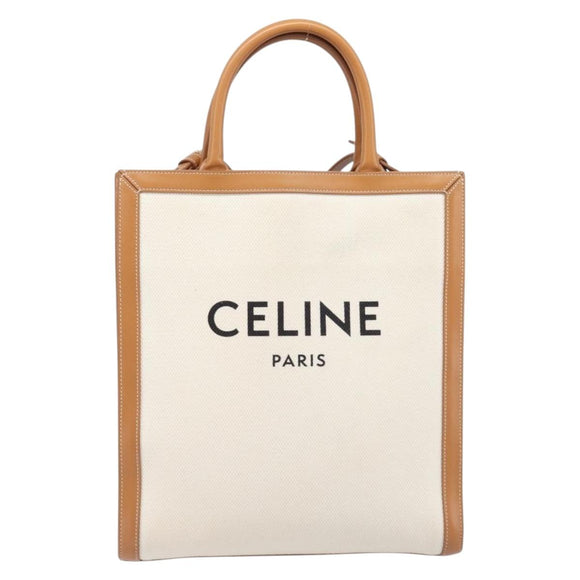 CELINE Vertical Cabas Small Hand Bag Canvas 2way Ivory Gold Tone Auth LN035V