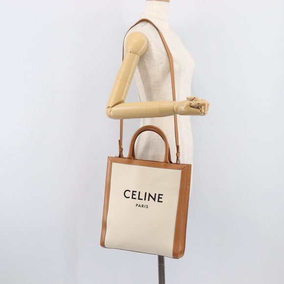 CELINE Vertical Cabas Small Hand Bag Canvas 2way Ivory Gold Tone Auth LN035V