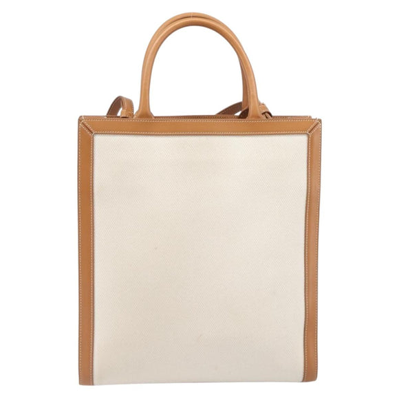 CELINE Vertical Cabas Small Hand Bag Canvas 2way Ivory Gold Tone Auth LN035V