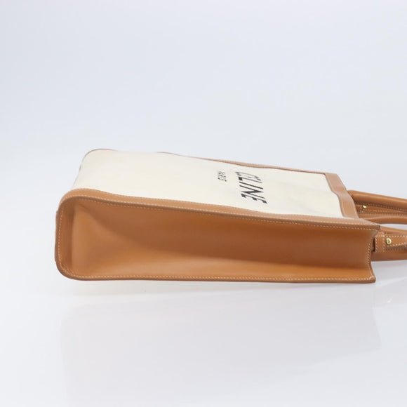 CELINE Vertical Cabas Small Hand Bag Canvas 2way Ivory Gold Tone Auth LN035V