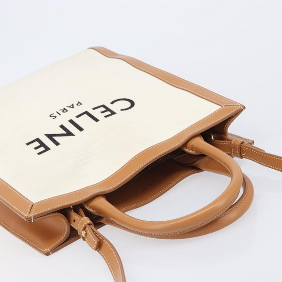 CELINE Vertical Cabas Small Hand Bag Canvas 2way Ivory Gold Tone Auth LN035V