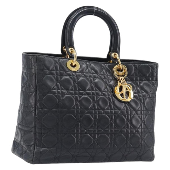 Christian Dior Canage Lady Dior Hand Bag Lamb Skin Black Gold Tone Auth LN049A