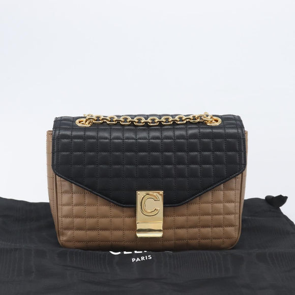 CELINE Chain Shoulder Bag Leather Brown Gold Auth LN054V
