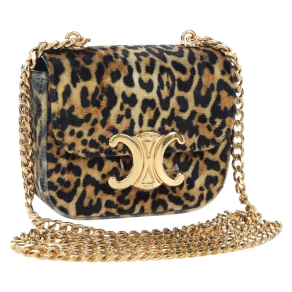 CELINE Chain Shoulder Bag Velor Beige Gold Auth LN061M