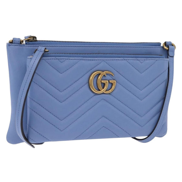 GUCCI GG Marmont Shoulder Bag Leather Light Blue Gold Tone 453878 Auth LN063V