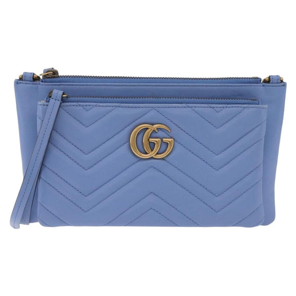 GUCCI GG Marmont Shoulder Bag Leather Light Blue Gold Tone 453878 Auth LN063V