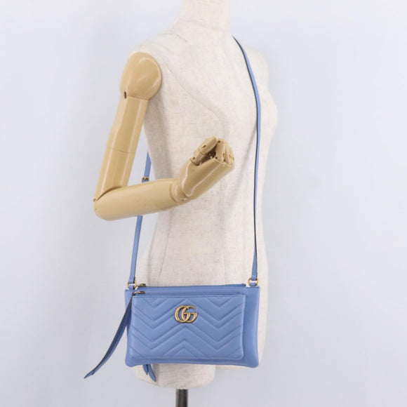 GUCCI GG Marmont Shoulder Bag Leather Light Blue Gold Tone 453878 Auth LN063V