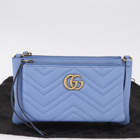 GUCCI GG Marmont Shoulder Bag Leather Light Blue Gold Tone 453878 Auth LN063V