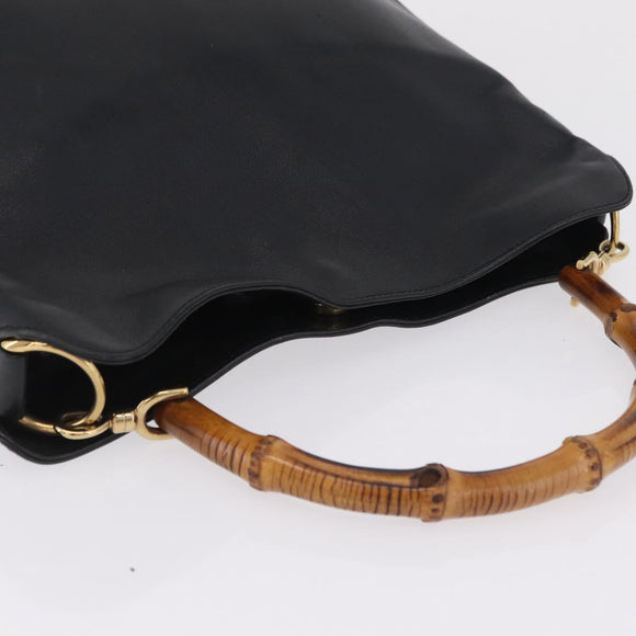 GUCCI Bamboo Shoulder Bag Leather Black Gold Tone 001 1998 1638 Auth LN065