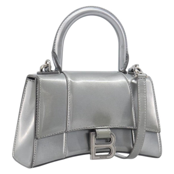 Balenciaga Hour Glass Hand Bag Leather 2way Silver 592833 Auth LN068A
