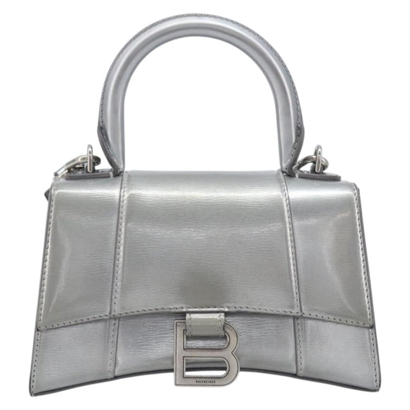 Balenciaga Hour Glass Hand Bag Leather 2way Silver 592833 Auth LN068A