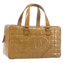 CHANEL Choco Bar Hand Bag Patent Yellow Silver CC Auth LN069-1