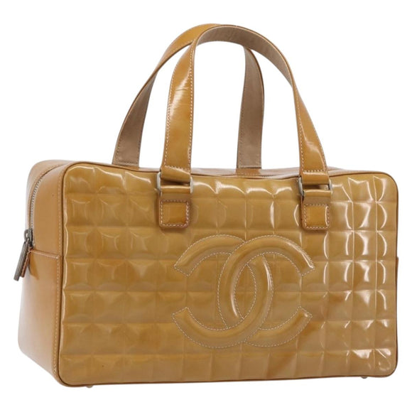 CHANEL Choco Bar Hand Bag Patent Yellow Silver CC Auth LN069