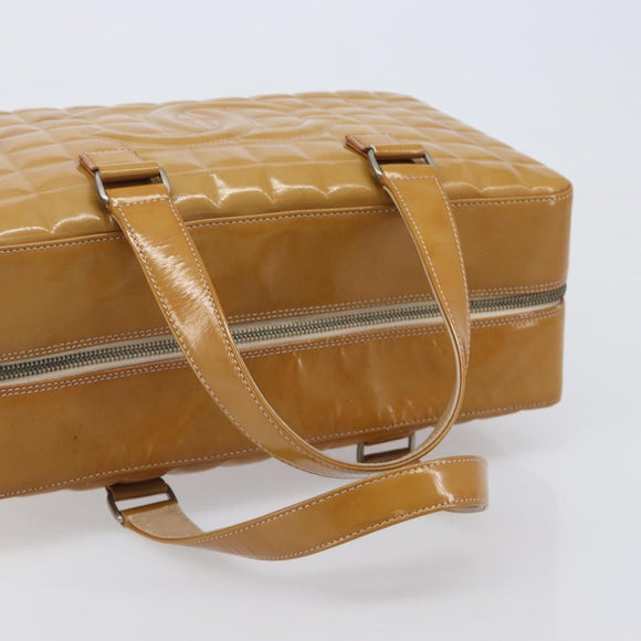 CHANEL Choco Bar Hand Bag Patent Yellow Silver CC Auth LN069