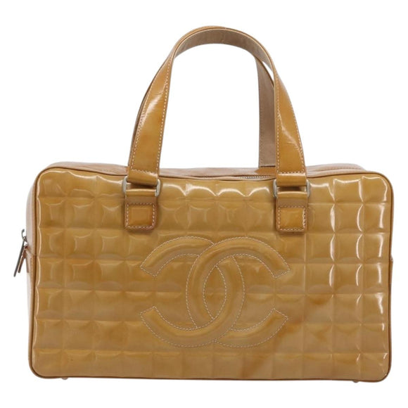 CHANEL Choco Bar Hand Bag Patent Yellow Silver CC Auth LN069