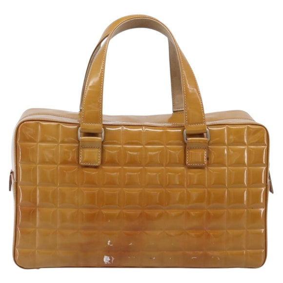 CHANEL Choco Bar Hand Bag Patent Yellow Silver CC Auth LN069