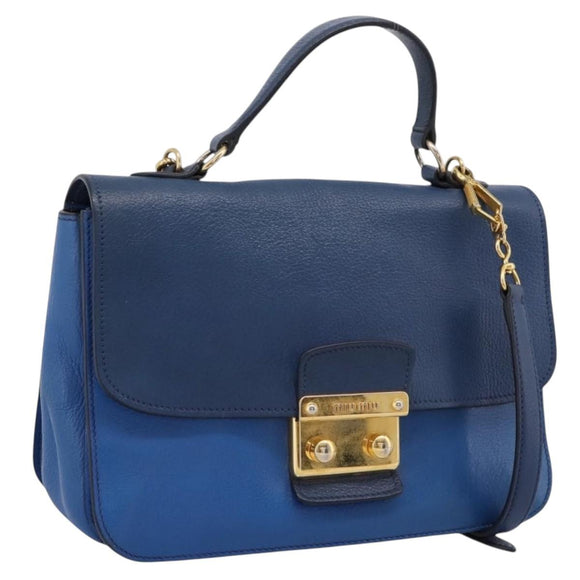 Miu Miu Madras Hand Bag Leather 2way Navy Gold Tone Auth LN072A
