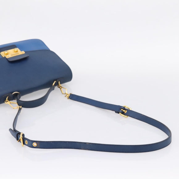 Miu Miu Madras Hand Bag Leather 2way Navy Gold Tone Auth LN072A