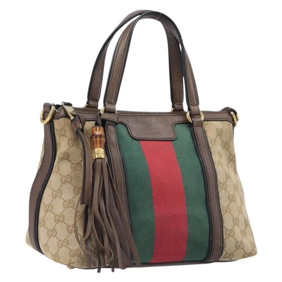 GUCCI GG Canvas Bamboo Hand Bag Beige Gold Tone 353114 Auth LN077A
